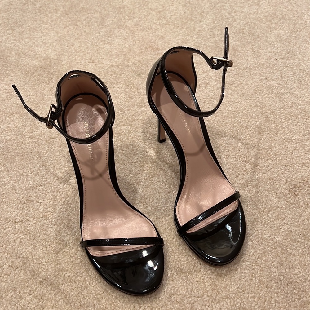 Stuart Weitzman Black Patent Leather Ankle-Strap Sandals - Picture 3 of 5